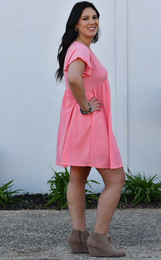 Short Sleeve Knit Empire Waist Dress in Pink