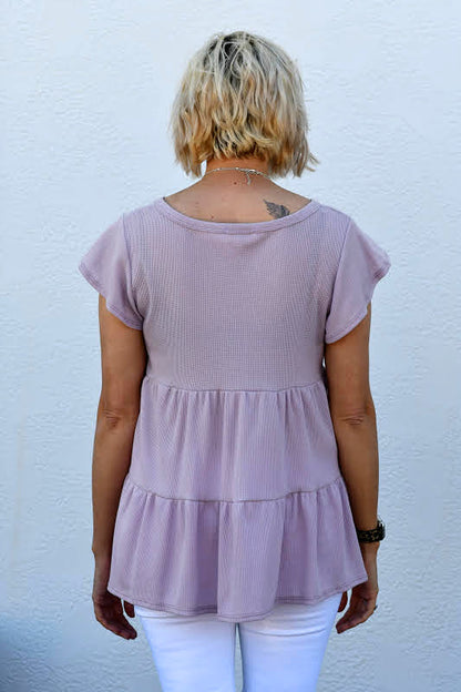 Waffle Knit Tiered Ruffle Short Sleeve Top in Lavender