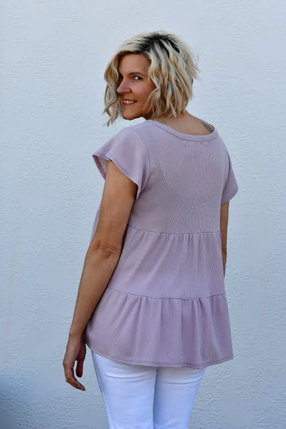 Waffle Knit Tiered Ruffle Short Sleeve Top in Lavender