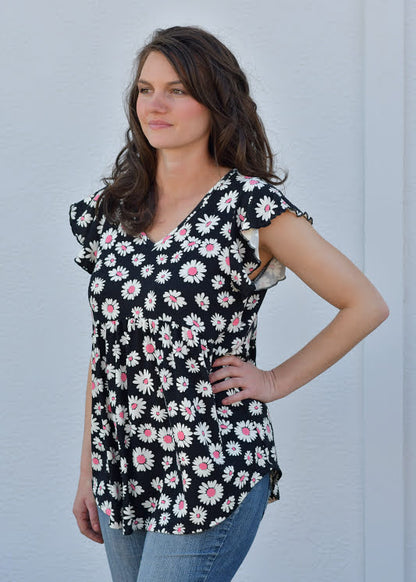 Daisy Floral Ruffle Sleeve Babydoll Top in Black & Pink