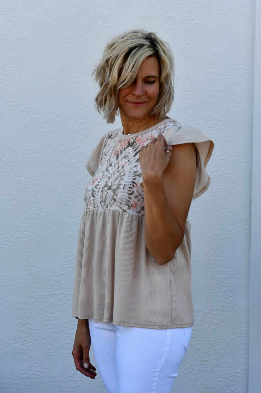 Waffle Knit Tie Dye Contrast Babydoll Top in Taupe