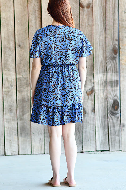Leopard Print Surplice Dress in Indigo Blue