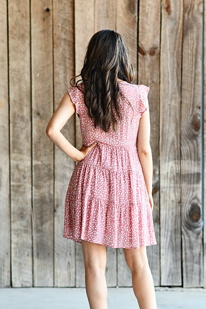 Button Up Tiered Mini Dress in Coral