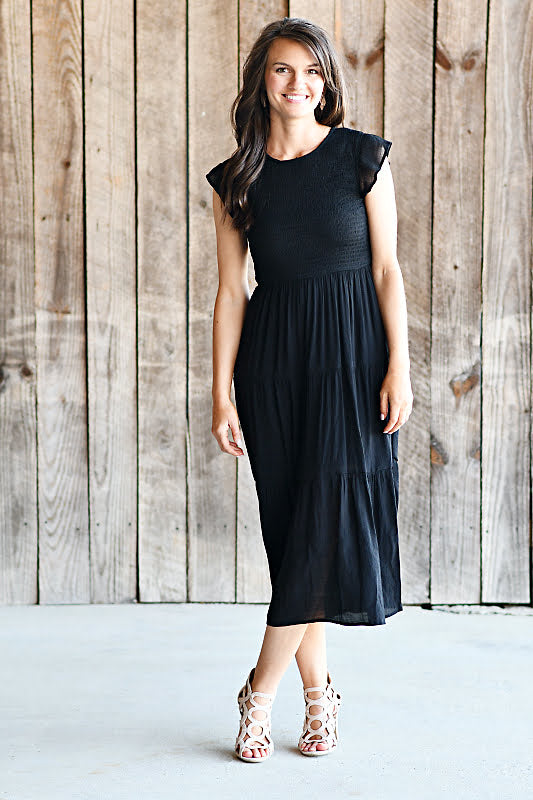 Smocked Tiered Midi Dress in Black