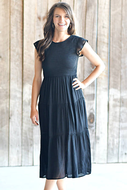 Smocked Tiered Midi Dress in Black