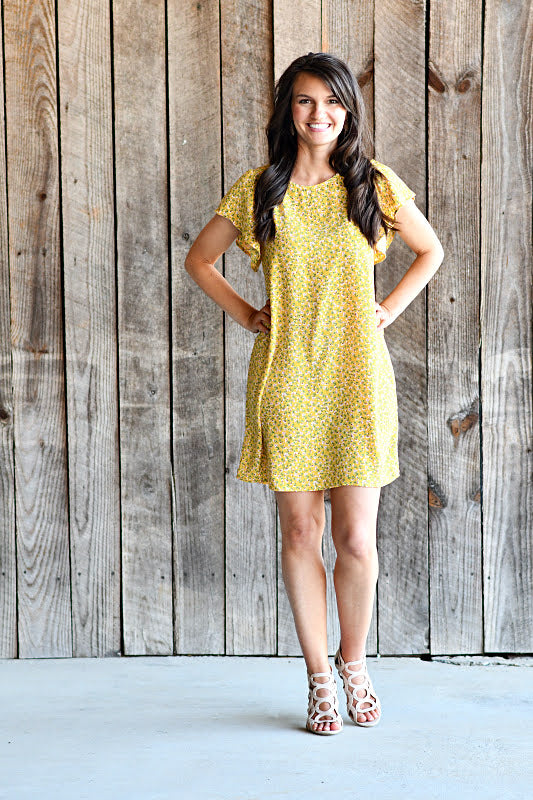 Flutter Sleeved Ditsy Floral Printed Dress in Yellow
