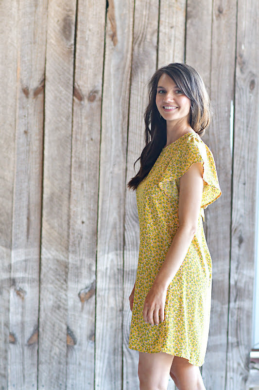 Flutter Sleeved Ditsy Floral Printed Dress in Yellow