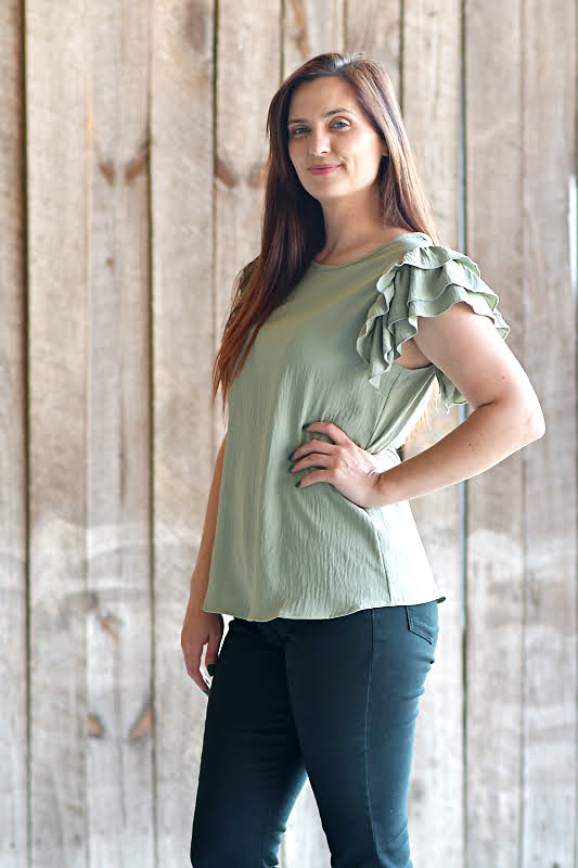 Flare Ruffled Short Sleeve Top in Light Sage