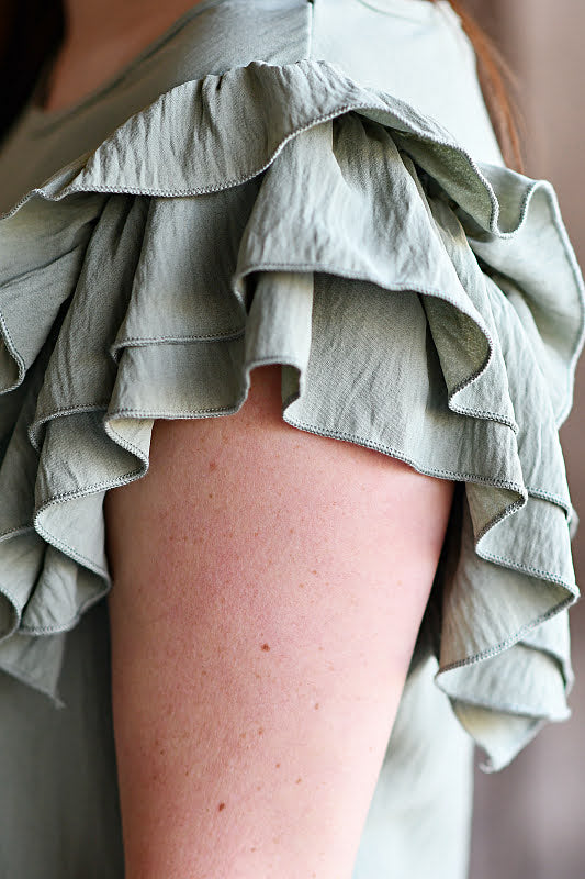 Flare Ruffled Short Sleeve Top in Light Sage