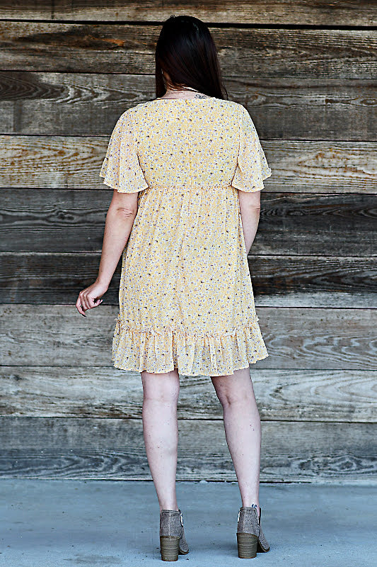 Floral Printed Short Sleeve Dress in Yellow