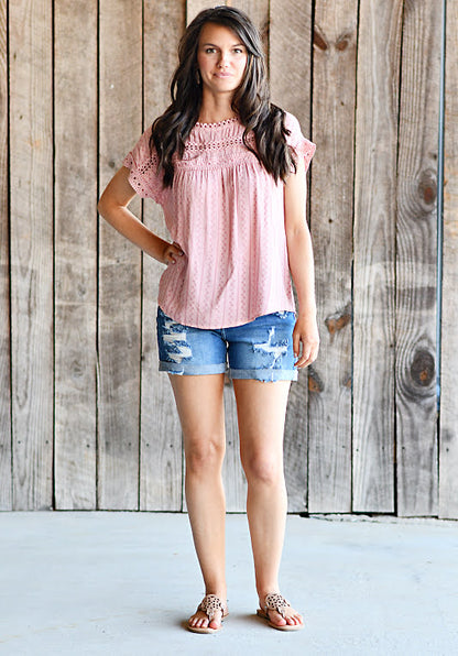 Lace Trim Floral Print Woven Top in Dusty Pink