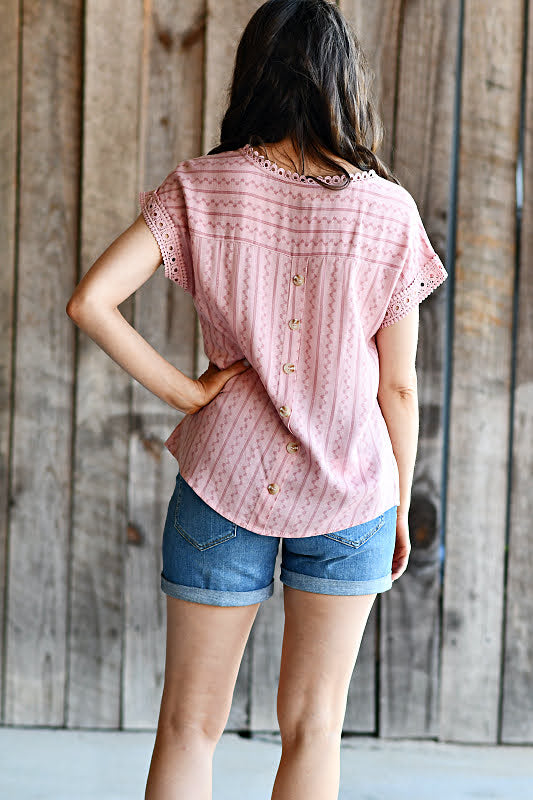 Lace Trim Floral Print Woven Top in Dusty Pink